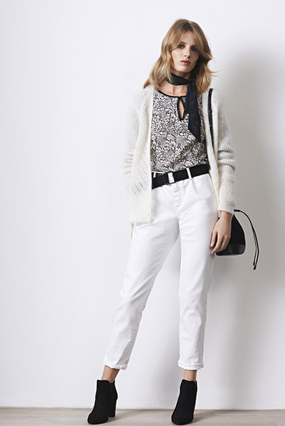 Look mujer - cárdigan con mohair, blusa estampada y jeans boyfriend