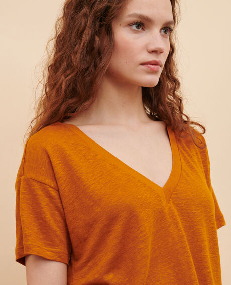 SARAH - Camiseta de lino con cuello de pico Pumpkin spice Locmelar