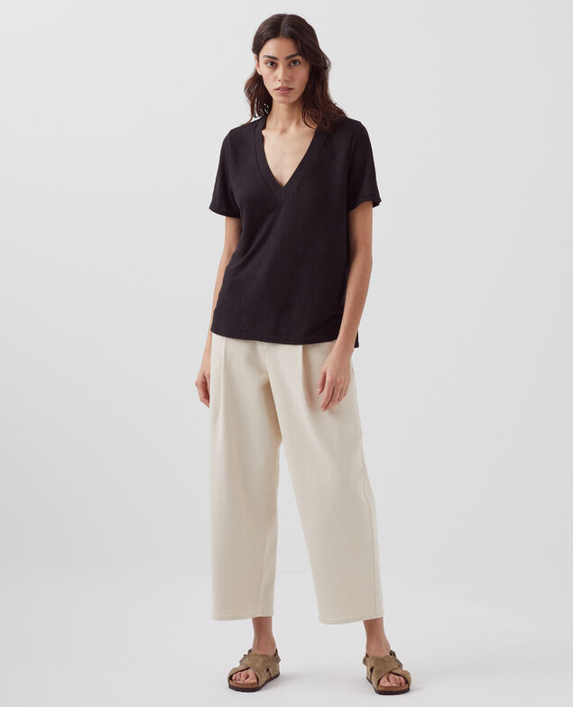 SARAH - Camiseta de lino con cuello de pico H091 black beauty
