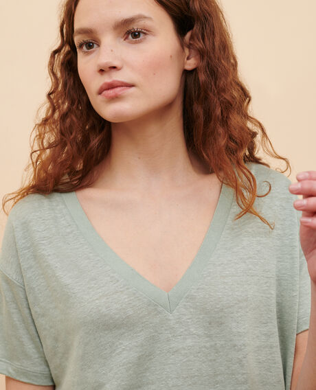 SARAH - Camiseta de lino con cuello de pico 54 green Locmelar