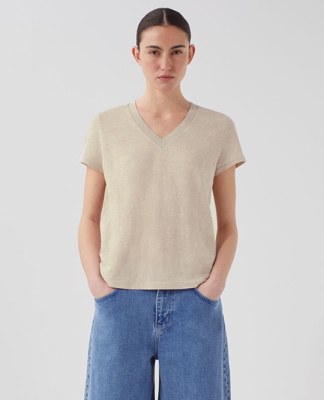 SARAH - Camiseta de lino con cuello de pico J020 beige lining