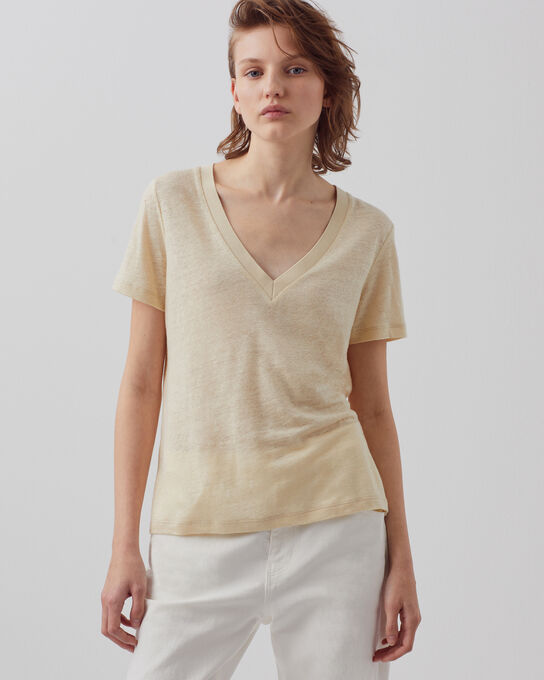 SARAH - Camiseta de lino con cuello de pico 0300 CASTLE WALL
