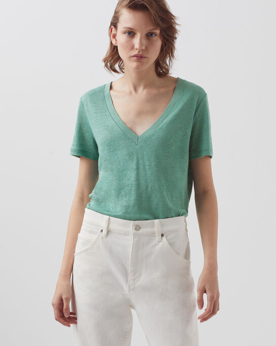 SARAH - Camiseta de lino con cuello de pico 0520 VERT EMAIL
