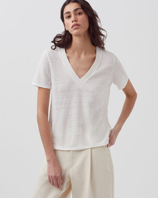SARAH - Camiseta de lino con cuello de pico H001 BRILLANT WHITE