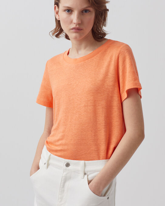 AMANDINE - Camiseta con cuello redondo de lino A233 SOLID CORAIL ORANGE