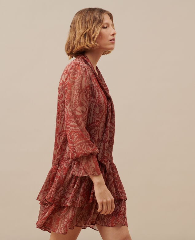 Vestido corto fluido de paño A182 print ikat wine