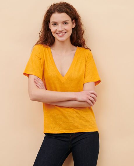 SARAH - Camiseta de lino con cuello de pico 23 orange Locmelar