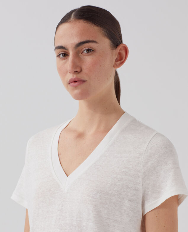 SARAH - Camiseta de lino con cuello de pico U010 off white