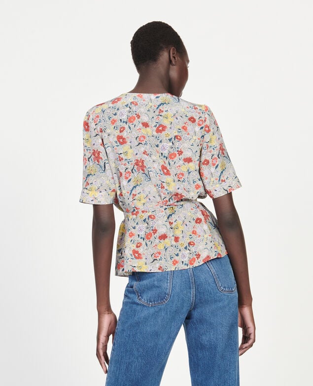  Blusa de seda motivo floral con escote cruzado Print eden cream
