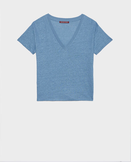 SARAH - Camiseta de lino con cuello de pico 8820 63 blue Locmelar