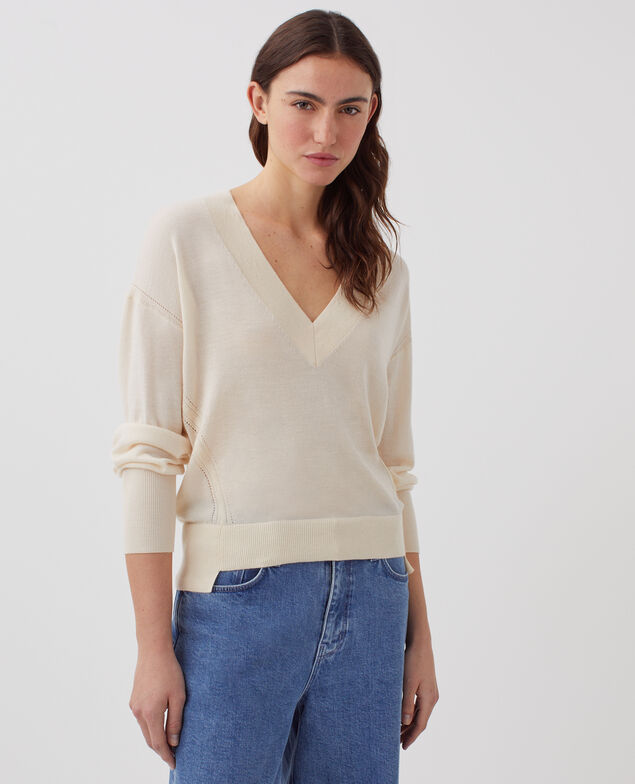 Jersey con cuello de pico de lana y seda I300 pearled ivory