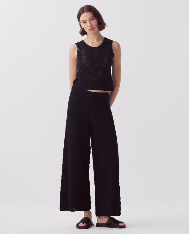 Pantalón evasé de algodón de crochet con textura H091 black beauty