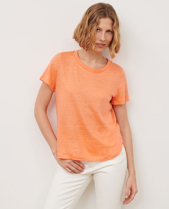 AMANDINE - Camiseta con cuello redondo de lino A233 SOLID CORAIL ORANGE