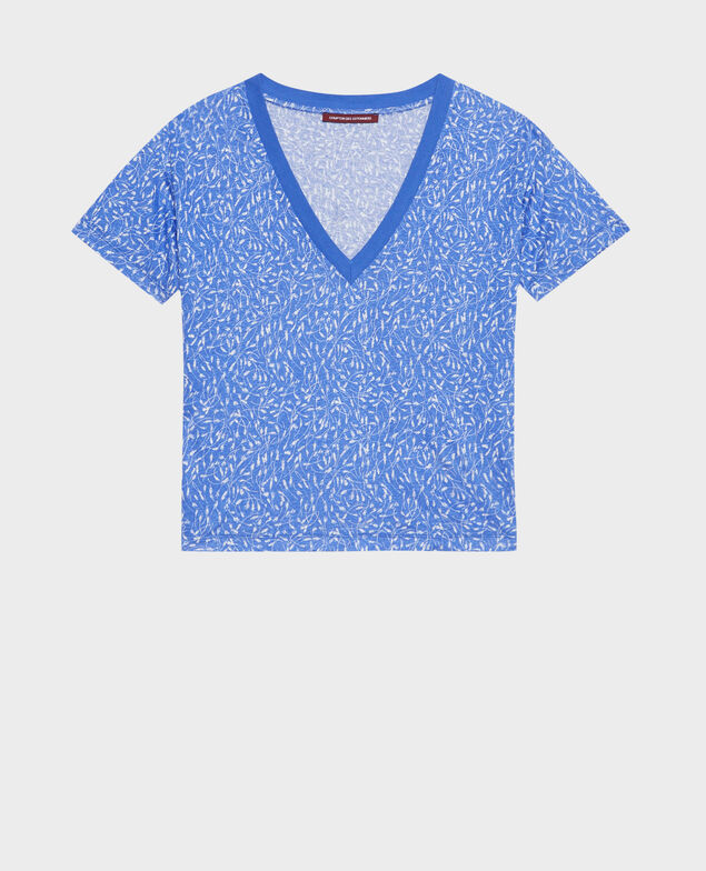 SARAH - Camiseta de lino con cuello de pico 91 print blue