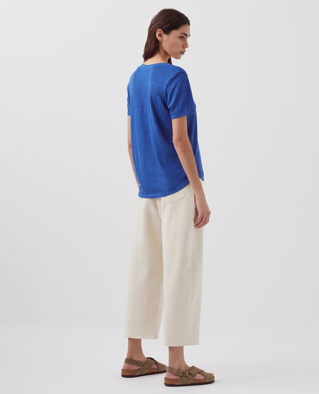 SARAH - Camiseta de lino con cuello de pico H660 sodalite blue