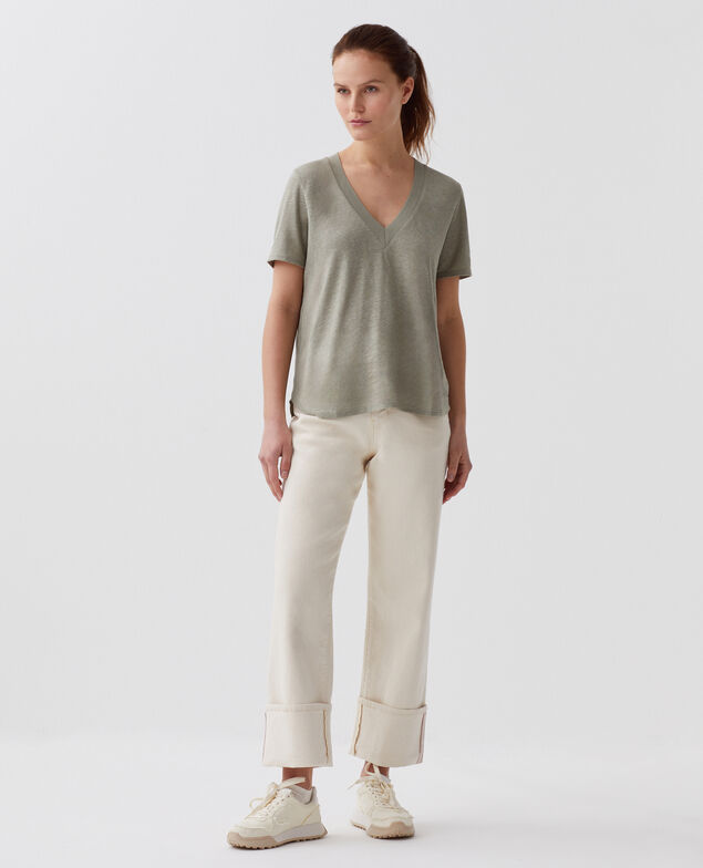 SARAH - Camiseta de lino con cuello de pico H050 vetiver