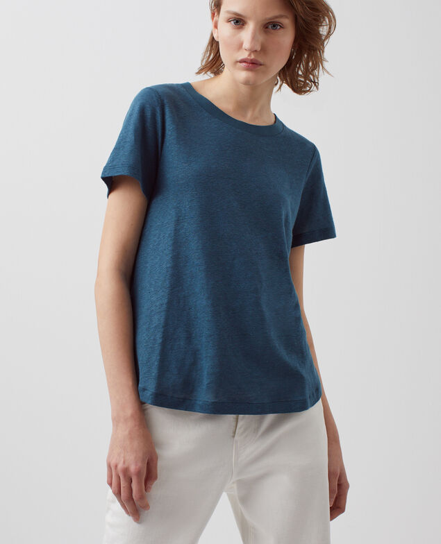 AMANDINE - Camiseta con cuello redondo de lino A662 solid blue duck 2ste055f05
