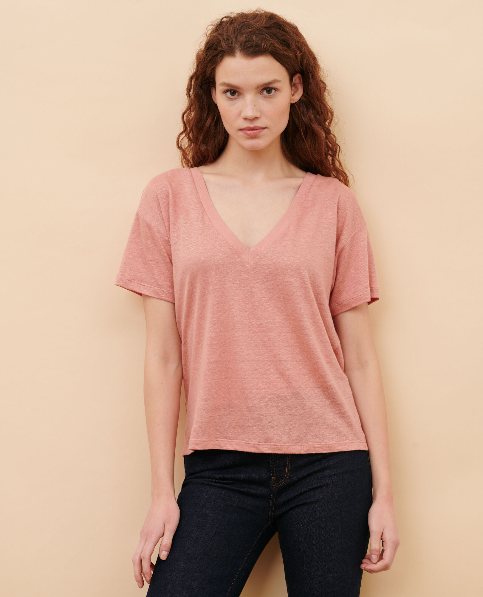 SARAH - Camiseta de lino con cuello de pico 13 pink Locmelar