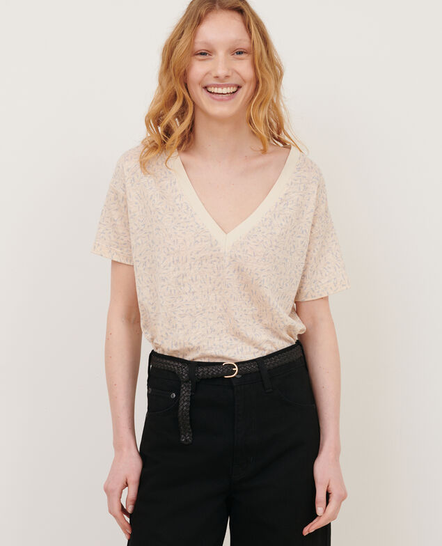 SARAH - Camiseta de lino con cuello de pico 91 print white