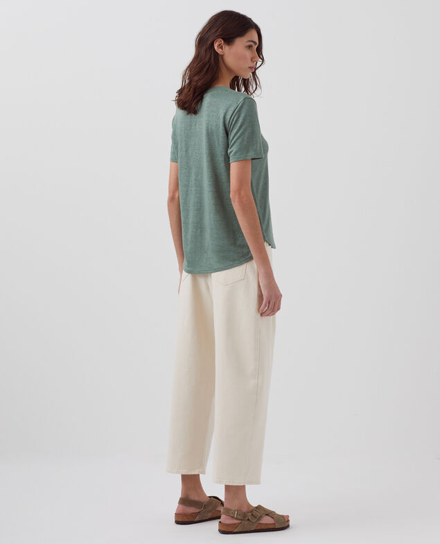 SARAH - Camiseta de lino con cuello de pico H542 darkforest