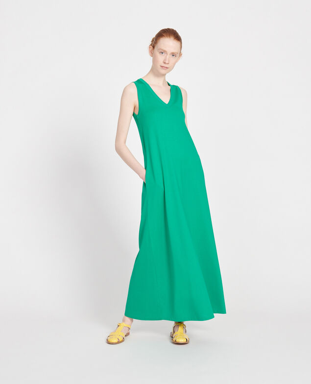 Vestido largo de algodón con cuello de pico Golf green