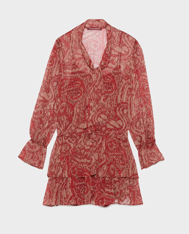 Vestido corto fluido de paño A182 print ikat wine