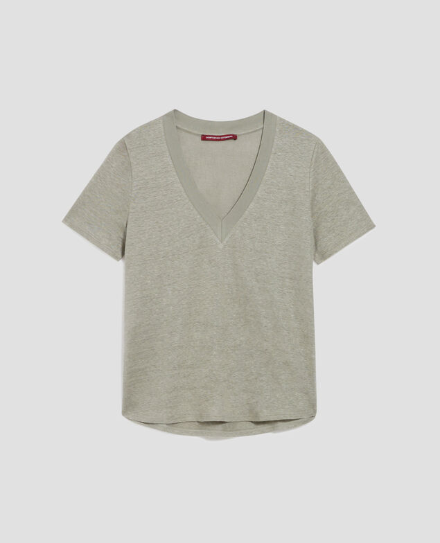 SARAH - Camiseta de lino con cuello de pico H050 vetiver