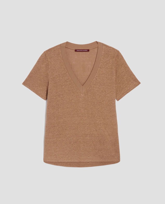 SARAH - Camiseta de lino con cuello de pico H330 tiger's eye