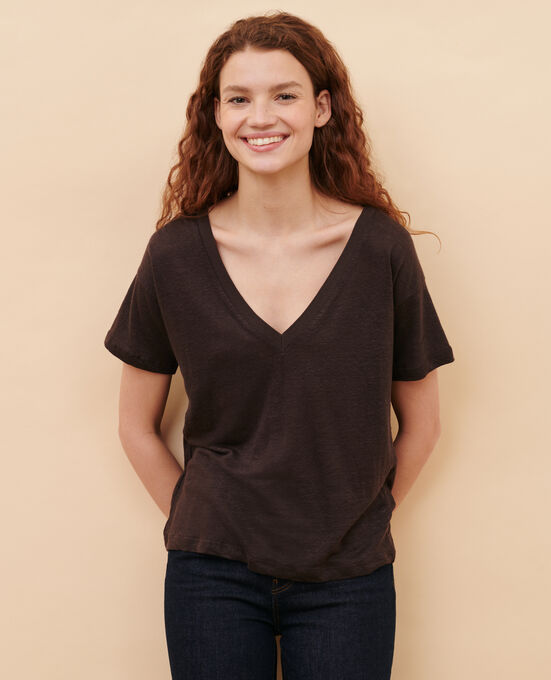SARAH - Camiseta de lino con cuello de pico MOLE