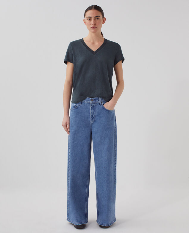 SARAH - Camiseta de lino con cuello de pico J690 blueberry