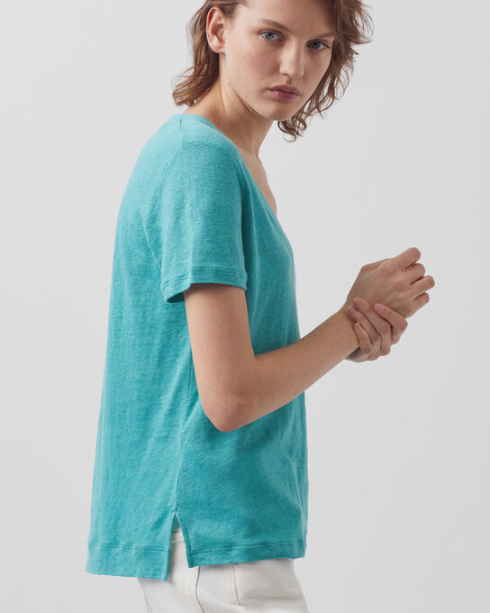SARAH - Camiseta de lino con cuello de pico 0611 PAGODA BLUE BLUE