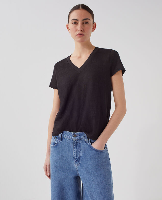 SARAH - Camiseta de lino con cuello de pico H091 black beauty