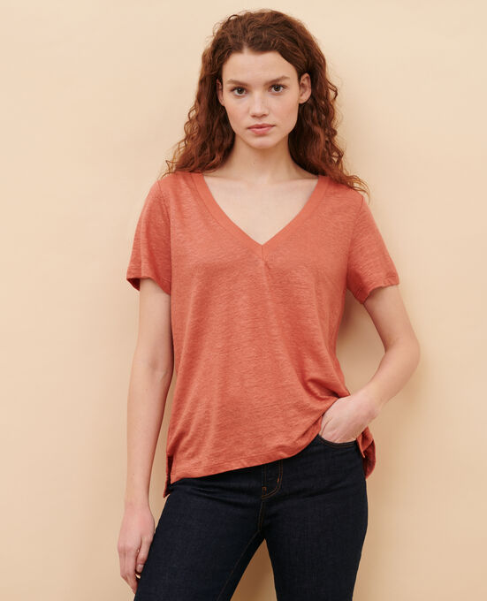 SARAH - Camiseta de lino con cuello de pico 19 WINE