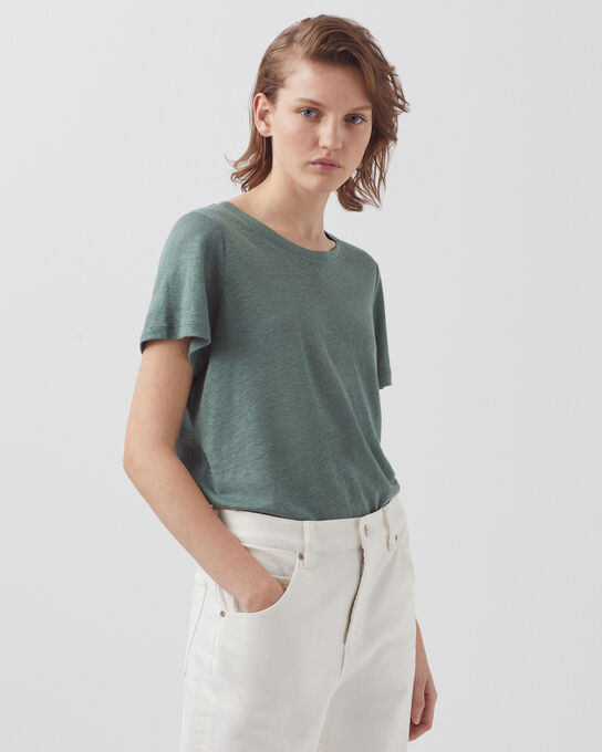 AMANDINE - Camiseta con cuello redondo de lino 0381 DARK FOREST