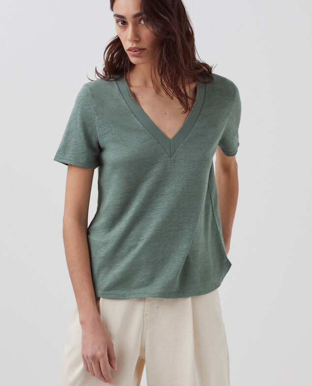 SARAH - Camiseta de lino con cuello de pico H542 darkforest