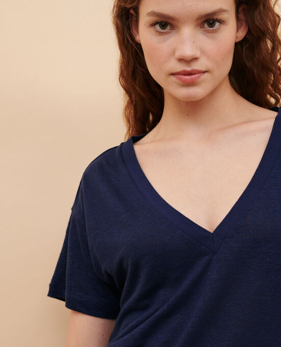 SARAH - Camiseta de lino con cuello de pico MARITIME BLUE