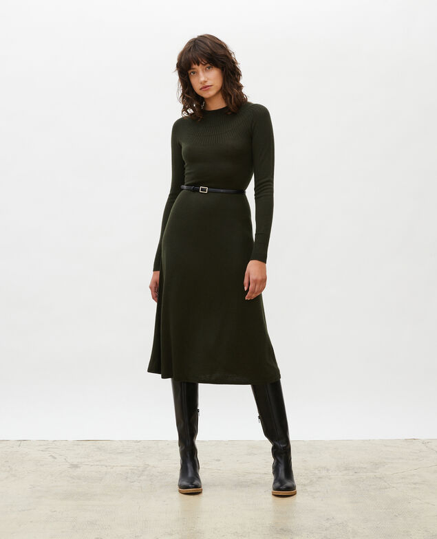 Vestido evasé de lana merino Military green