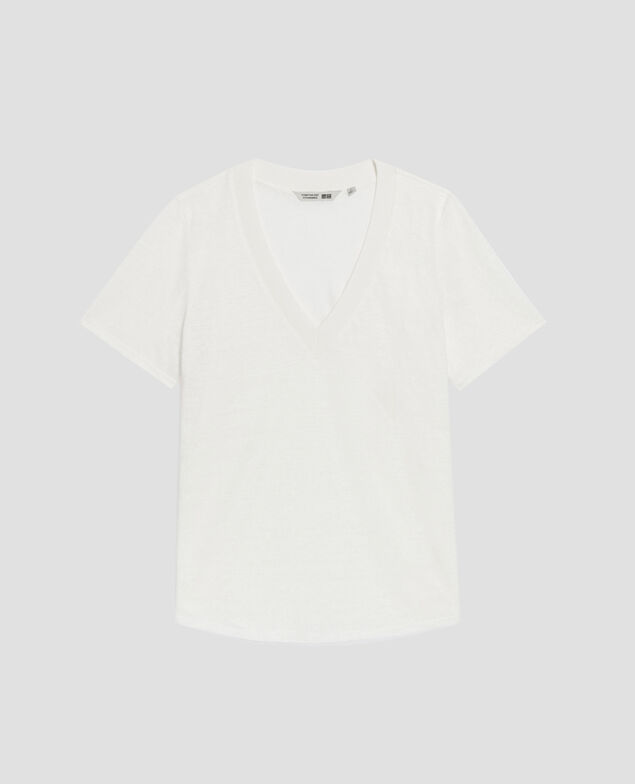 SARAH - Camiseta de lino con cuello de pico U010 off white
