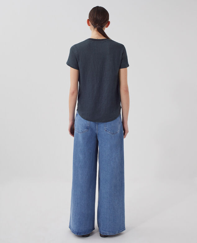SARAH - Camiseta de lino con cuello de pico J690 blueberry