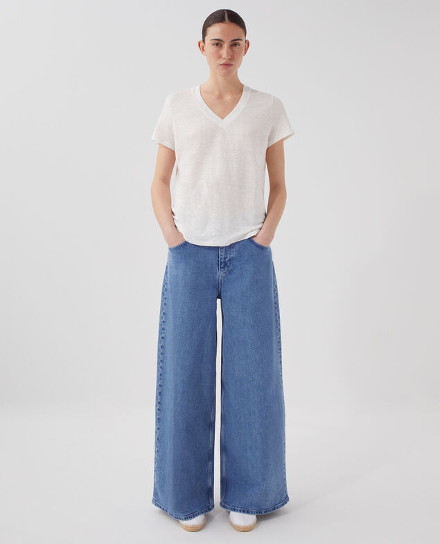 SARAH - Camiseta de lino con cuello de pico U010 off white