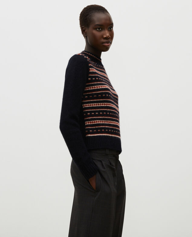 Jersey jacquard sin mangas de lana alpaca con cuello redondo Black brandy lighttaupe jacquard