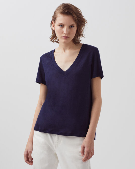 SARAH - Camiseta de lino con cuello de pico 4232 MARITIME BLUE