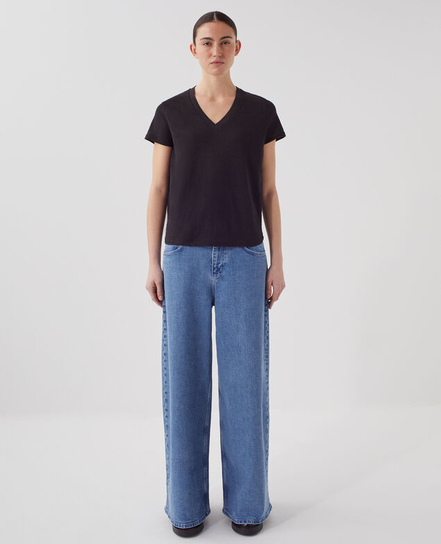 SARAH - Camiseta de lino con cuello de pico H091 black beauty