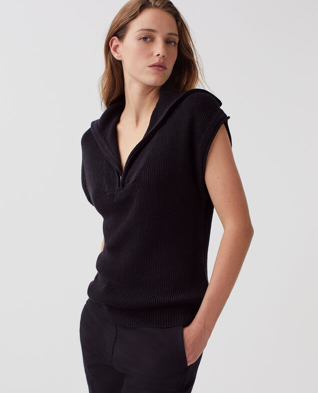 Jersey de lino sin mangas con cuello de cremallera H091 black beauty