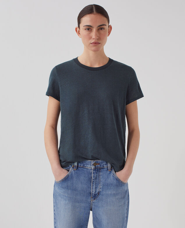 AMANDINE - Camiseta con cuello redondo de lino J690 blueberry