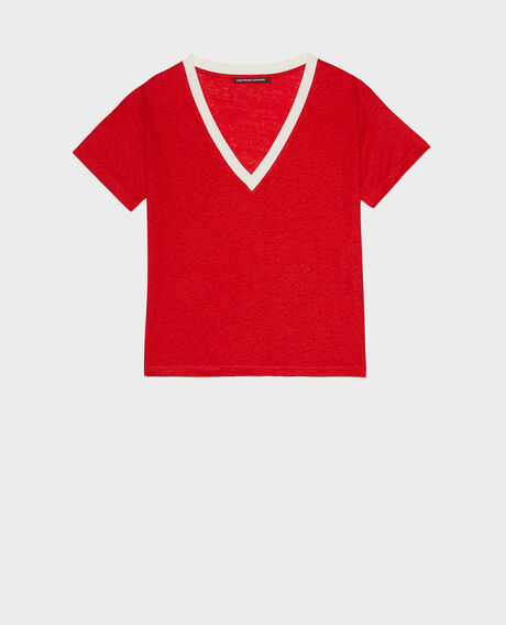 SARAH - Camiseta de lino con cuello de pico 5039c str fieryred gardenia Locmelar