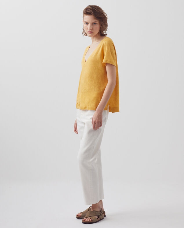 SARAH - Camiseta de lino con cuello de pico 0460 ochre yellow