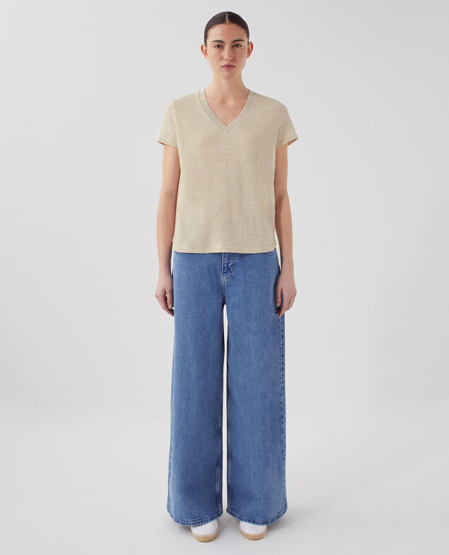 SARAH - Camiseta de lino con cuello de pico J020 beige lining