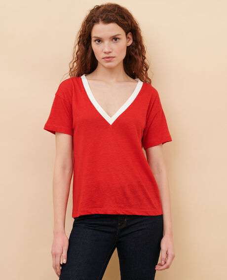 SARAH - Camiseta de lino con cuello de pico 5039c str fieryred gardenia Locmelar