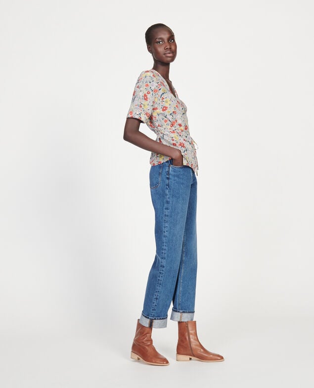  Blusa de seda motivo floral con escote cruzado Print eden cream